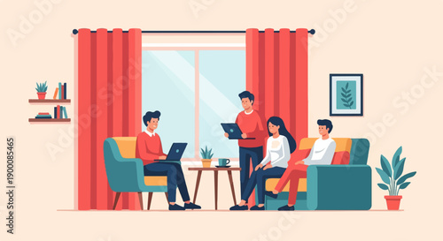 Four people working and relaxing in a comfortable living room