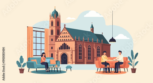 Interior scene with people, sofa, table, and a Gothic church building