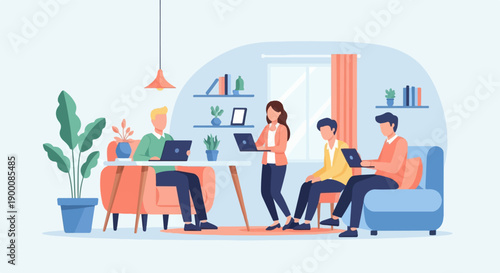 Four people work on laptops in a stylish living room