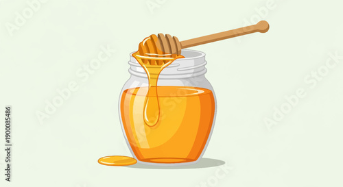 Golden honey flows from a wooden dipper into a glass jar
