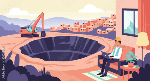 Man in hard hat with laptop near excavation site and distant town