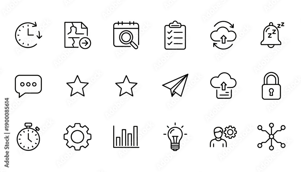 Fototapeta premium UI Icon Pack Set – Flat Solid and Outline Icons for App and Web Interface. Modern UI icon pack featuring a set of flat solid and outline icons designed for mobile apps, websites, dashboards, and SaaS.