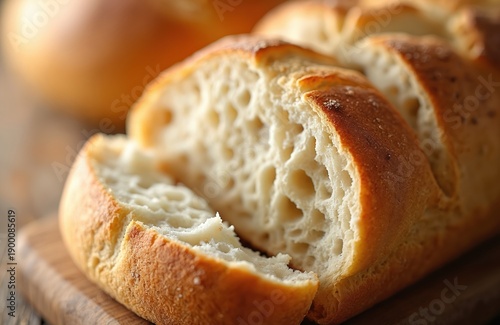 Crusty bread loaf with soft white crumb and large air pockets. Sliced loaf shows detailed texture of baked wheat product. Freshly baked artisanal food on wood board.