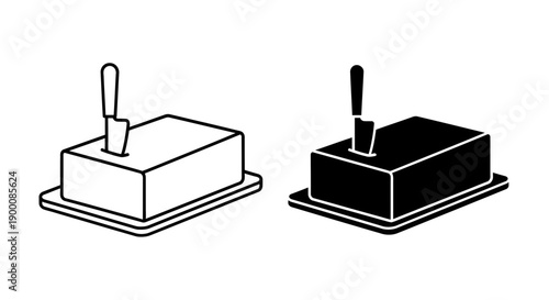 Butter dish with knife icon, simple illustration for breakfast or cooking, vector in outline and silhouette