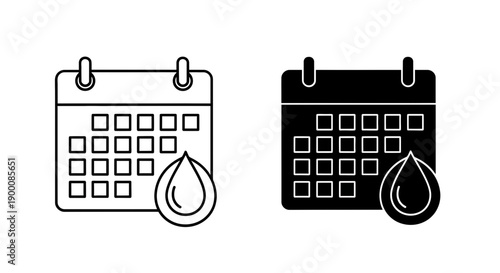 Calendar with water drop icon, simple illustration for scheduling, reminders or hydration tracking, vector outline and silhouette