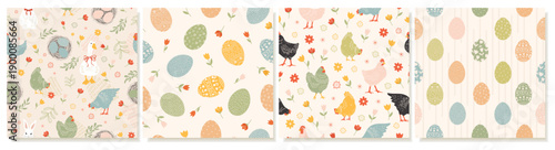 Easter Seamless Patterns With Chickens, Eggs, Rabbit, Goose and Cute Spring Flowers. Doodle  design for greeting cards, covers, backgrounds