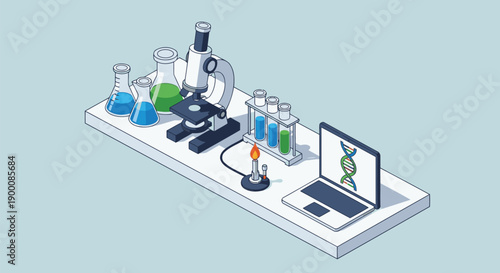 Modern laboratory setup with microscope and DNA analysis on laptop
