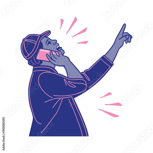 Construction Worker Pointing Upwards Wearing Safety Helmet, Industrial Guidance, Building Site Direction and Labor Illustration