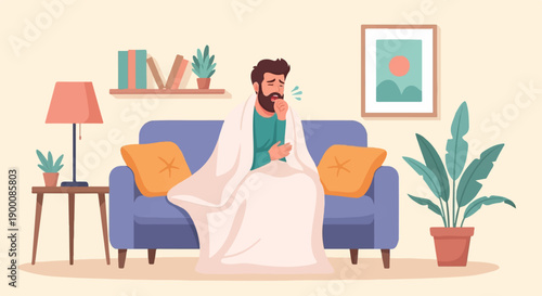Man coughing under blanket on sofa in room