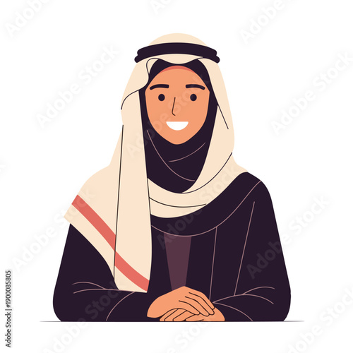 Smiling Arab woman wearing traditional headscarf and abaya