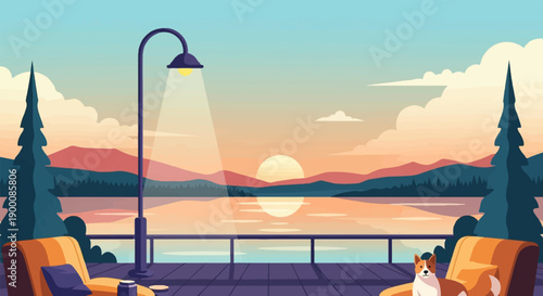 Peaceful sunset view from a deck with a dog and chairs