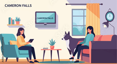 Interior scene with two women, a dog, and living room furniture