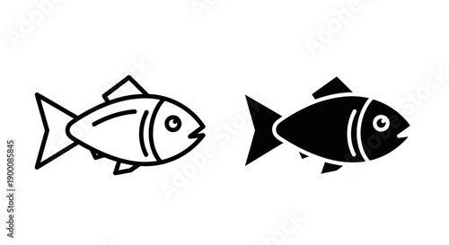 Fish icon, simple outline and solid black silhouette for seafood or aquatic themes, vector art