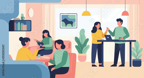 People collaborating in a modern office space with plants and art (1)