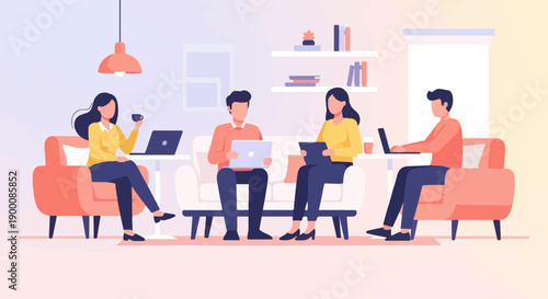 Four people using laptops in a cafe-like setting