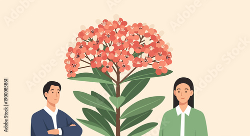 Man and woman flanking a flowering plant with coral blossoms