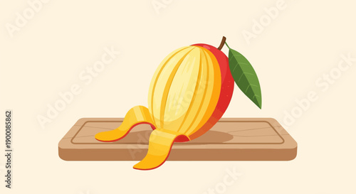 Peeled mango with vibrant skin and flesh on a wooden board