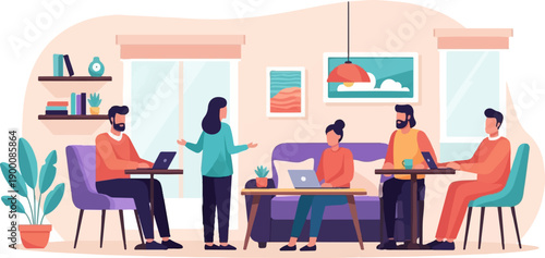 People collaborating in a modern room, some working on laptops