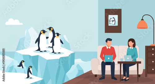 Penguins on ice floes and a couple working on laptops at home