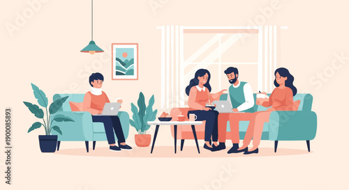 Four people using laptops and relaxing in a cozy living room
