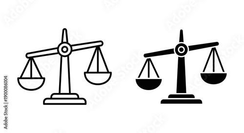 Scales of justice icon, balancing weights for law, balance, or measurement in outline and solid black