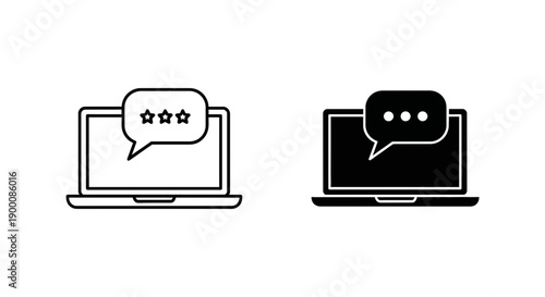 Laptop computer showing stars and speech bubble for customer feedback, online reviews and satisfaction rating icons