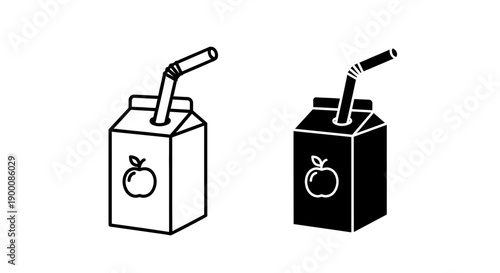 Juice box with apple icon and straw, beverage packaging in outline and solid black silhouette, vector