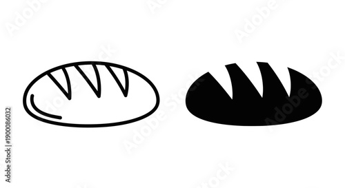 Loaf of bread icons in outline and solid black, representing baked goods, food, artisan bakery and nutrition