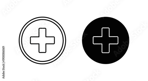 Plus sign or cross icons in outline and solid black, representing add, new, positive, medical and science symbols