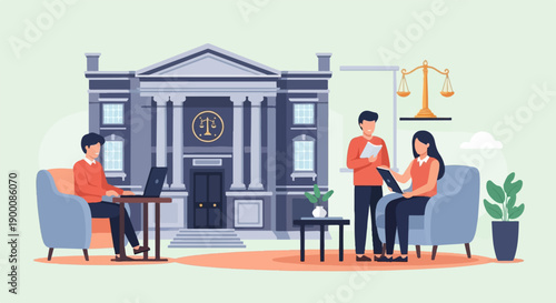 People collaborating near a courthouse with legal scales visible