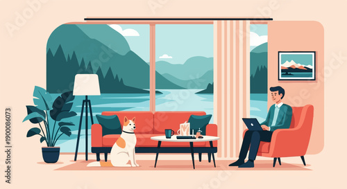 Man and dog relax indoors with view of scenic lake and mountains