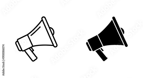 Megaphone icon in outline and solid black, symbolizing announcement, promotion, news, alert and sound