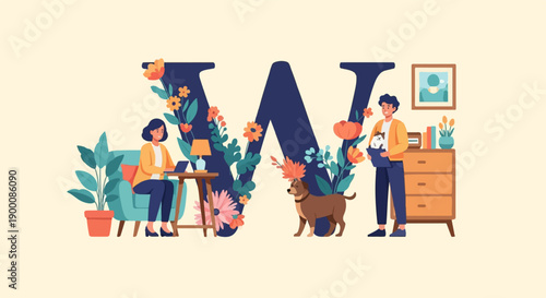 People & pets relax near large floral letter W