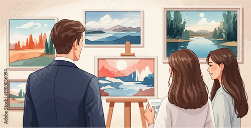 People admire colorful landscape paintings in an art gallery