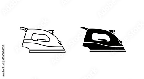 Electric iron icon in outline and solid black, representing clothes ironing, laundry and household appliance