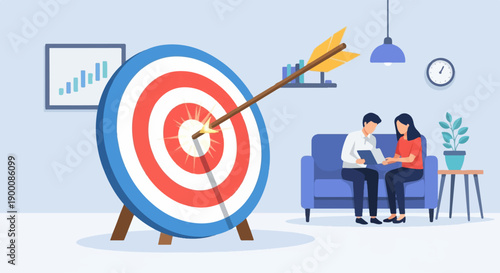 People achieving a business goal with a dart hitting the bullseye