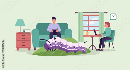 People and a giant caterpillar in a minimalist living room