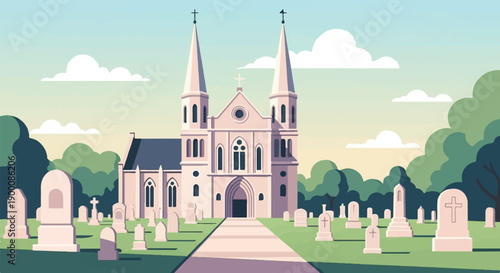 Gothic church with twin spires stands over a peaceful cemetery at dawn