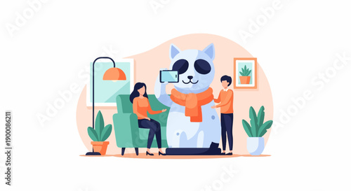 People and a large snowman with a scarf taking a selfie in a room