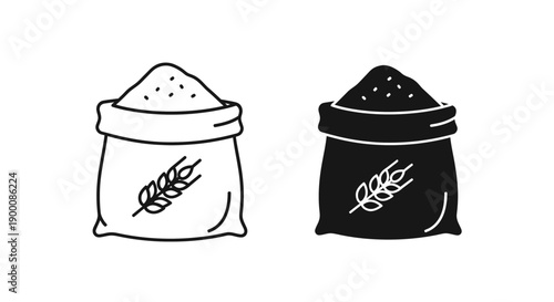 Bag of flour or grain icon with wheat stalk, in outline and solid black, representing baking, food, or agriculture.