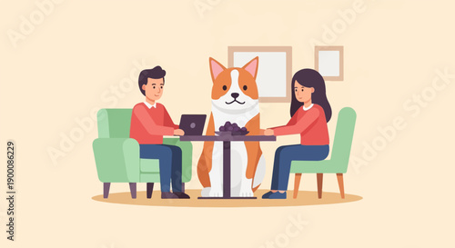 People and a dog interact around a table, with a laptop and fruit