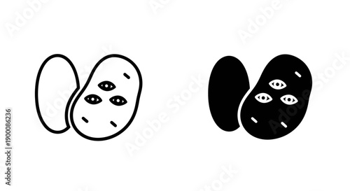 Abstract potato with multiple eyes in black and white outline and solid fill versions, symbolizing vision or unique perspective.