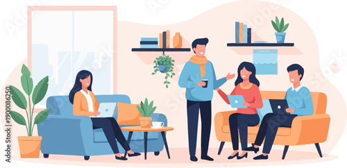 People collaborating on laptops in a relaxed office lounge setting