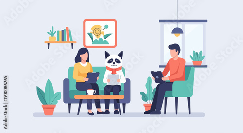 People and animal sit on chairs and couch in room with tablet and plants