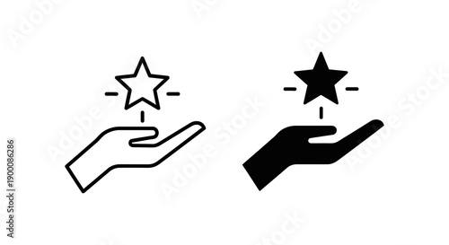 Hand holding a shining star icon in outline and solid black, representing quality, achievement, or excellence.