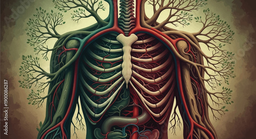 Human body with tree roots and branches in place of veins and arteries