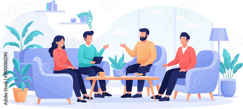 Four people sit in comfortable chairs, engaged in conversation