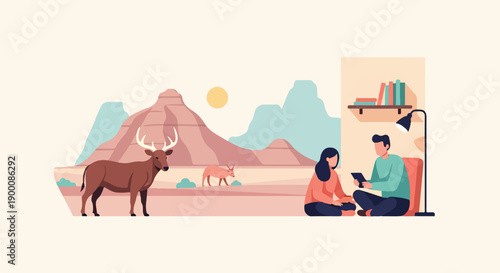 People and animals interact in a desert landscape with distant mountains and indoor comfort