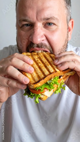 Man Enjoying a Delicious Sandwich with Focus and Enthusiasm.