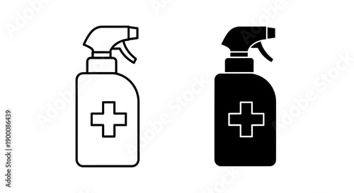 Spray bottle with cross icon, representing disinfectant, sanitizer, or medical spray, in two styles.